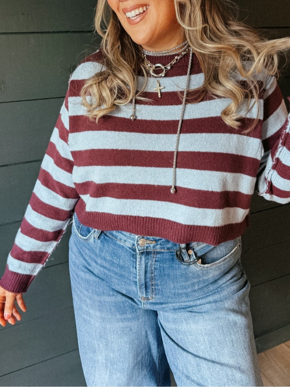 Double Zero Cherry Mocha and Blue Stripe Boatneck Sweater
